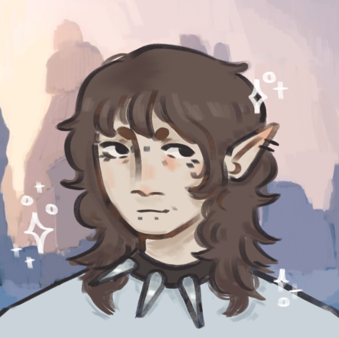 Simple drawing of a white person with shoulder length brown hair, elf ears, facial piercings and a spiked choker. 