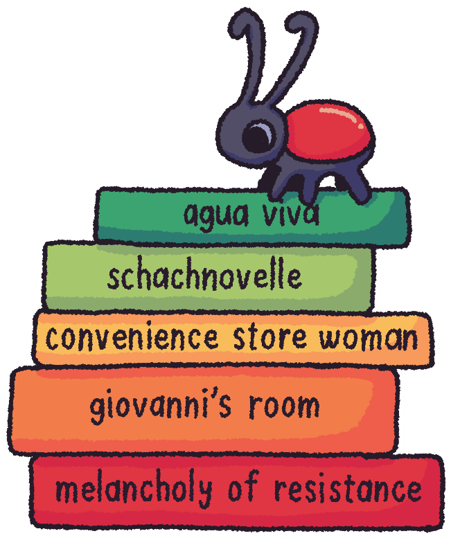 a simple drawing of a stack of colourful books with a bug standing on top